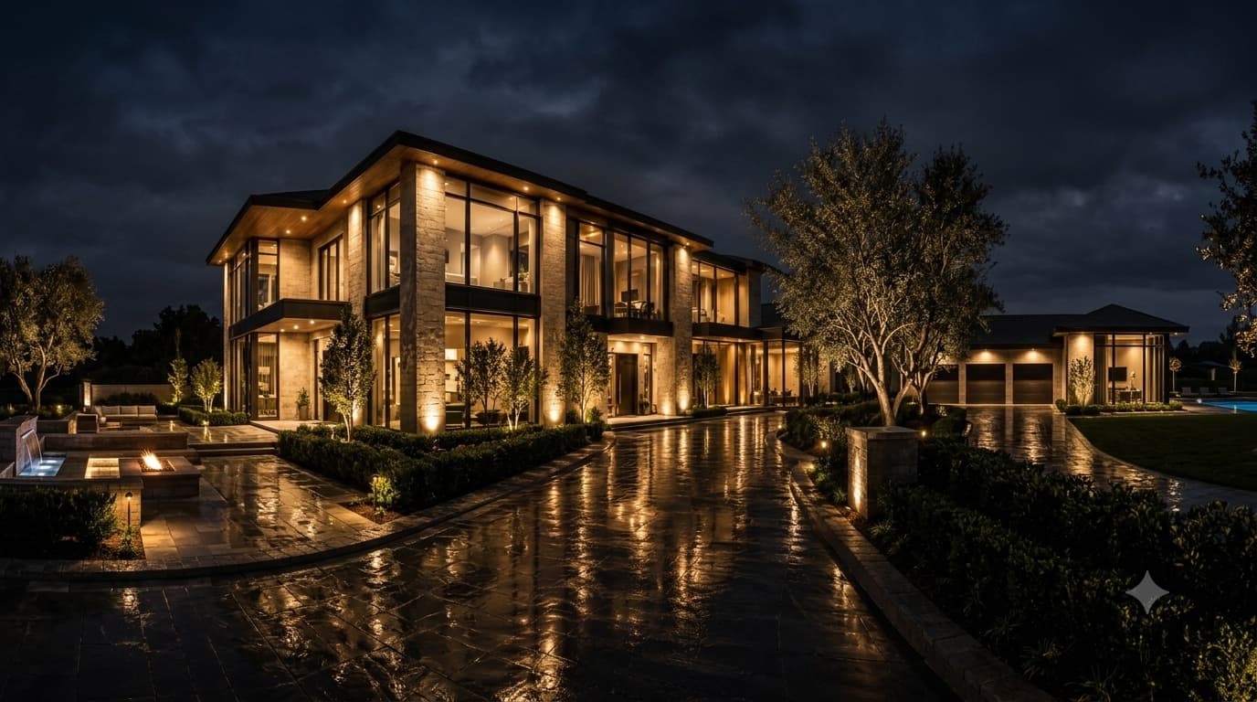 Modern home exterior at night